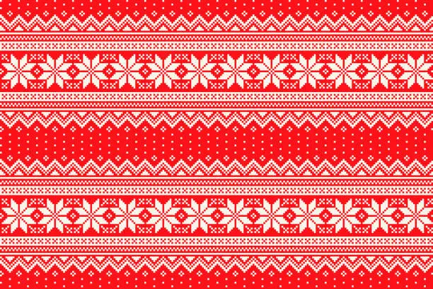 Vector illustration of Winter Holiday Pixel Pattern. Traditional Christmas Star Ornament. Scheme for Knitted Sweater Pattern Design. Seamless Vector Background.