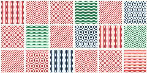 Abstract Checkered Pixel Patterns. Composition of 6 Christmas Holidays Ornaments. Scheme for Patchwork Quilt or Knitted Sweater Pattern Design . Abstract Checkered Pixel Patterns. Composition of 6 Christmas Holidays Ornaments. Scheme for Patchwork Quilt or Knitted Sweater Pattern Design scandinavian stock illustrations