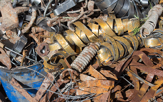 Dump of rusty metal, metal structures and scrap metal texture. Concept non-ferrous scrap metal processing ecology and industry.