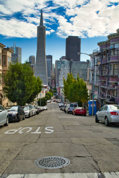 San Francisco street view looking at downtown district with skyscrapers
