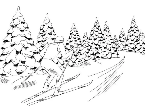 Vector illustration of Skier rides on the track graphic black white winter forest landscape sketch illustration vector