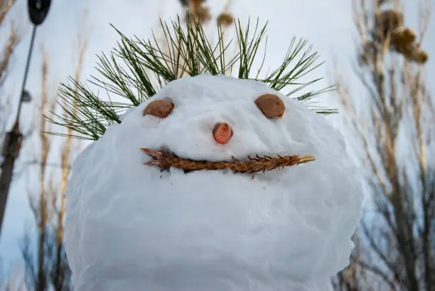 Portrait of a funny snowwoman or snowman on a cold winter day; concept of Christmas or New Year celebration