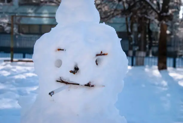 Portrait of snowwoman or snowman smoking cigarette