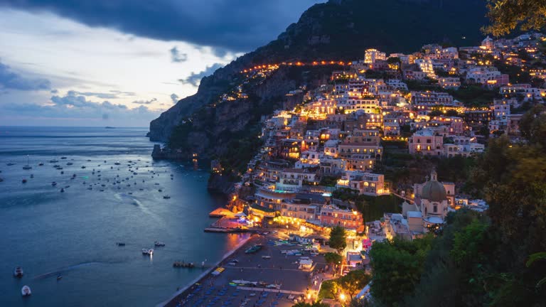 Day to night time lapse of Positano, Amalfi Coast, Italy