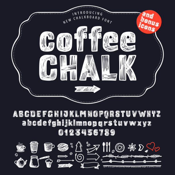 Alphabet letters hand-drawn by chalk on a blackboard. This font is perfect for a school signboard, advertising of a coffee shop, retro logos, handwritten posters, bar identity, etc. marker pen font stock illustrations