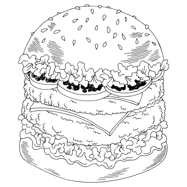 ilustrações de stock, clip art, desenhos animados e ícones de hamburger graphic fast food black white sketch isolated illustration vector - sandwich sketch cartoon line art