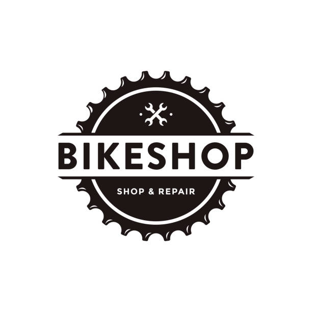 minimalistische abzeichen emblem fahrrad, fahrrad, fahrrad-shop, bike-club-symbol vektor-illustration mit zahnradkurbel und mechanische werkzeugkonzept - kurbel stock-grafiken, -clipart, -cartoons und -symbole