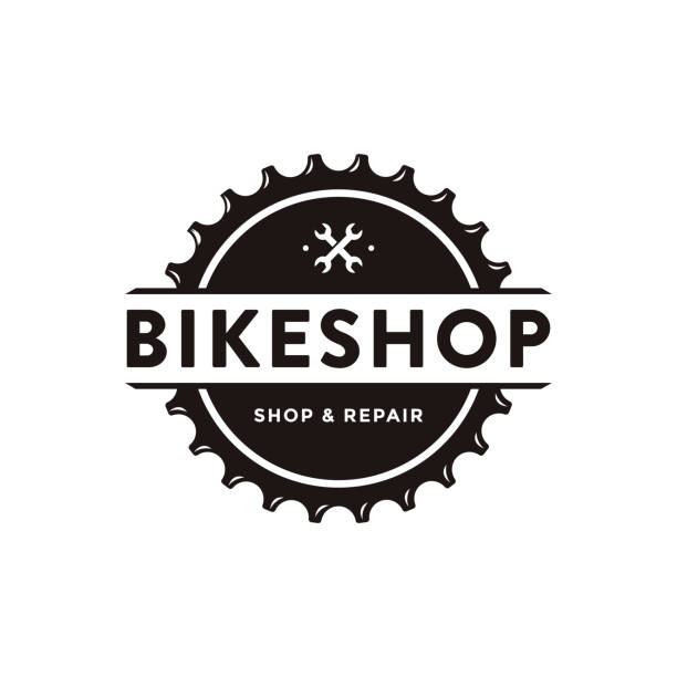 ilustrações, clipart, desenhos animados e ícones de emblema de emblema minimalista, bicicleta, loja de bicicletas, ilustração vetorial ícone do clube de bicicleta com manivela de engrenagem e conceito de ferramenta mecânica - bicycle chain bicycle gear chain gear