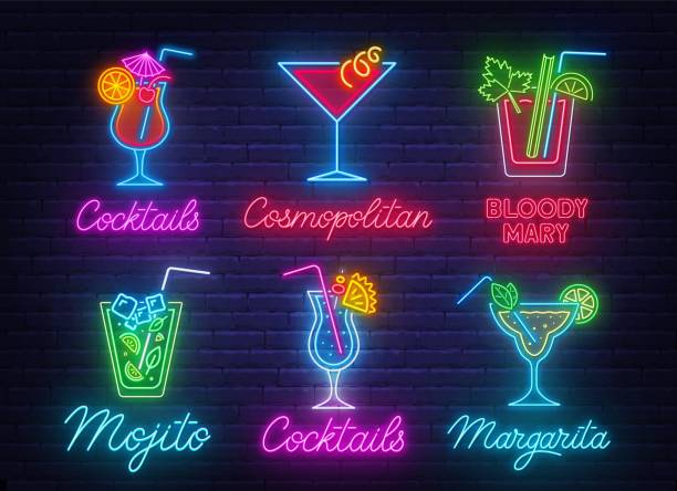 koktejl margarita, modrá havajská, mojito, bloody mary, cosmopolitan a tequila východ slunce neonové znamení na pozadí cihlové zdi. - koktejl-etanol stock ilustrace