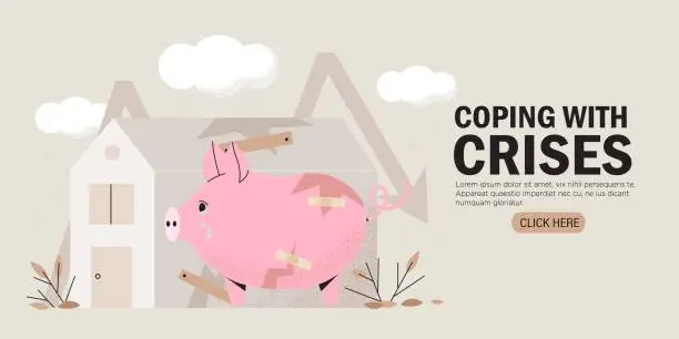 Vector illustration of Family budget or capital crises. Piggy bank, falling stat arrow and ruined household. Economic crises.