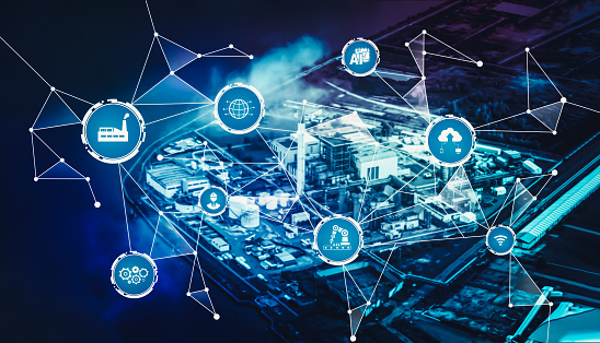 Industry 4.0 technology concept - Smart factory for fourth industrial revolution with icon graphic showing automation system by using robots and automated machinery controlled via internet network .