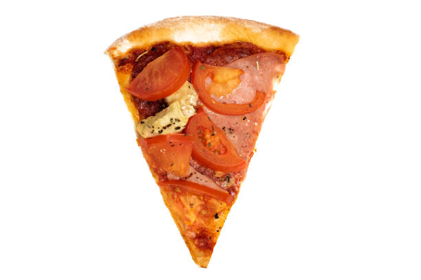 istock Slice of pizza with tomatoes and ham, isolated on white background 1287393735