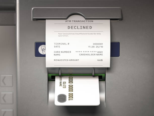 ATM machine and receipt with text declined for insufficient funds on account. ATM machine and receipt with text declined for insufficient funds on account. 3d illustration insufficient funds stock pictures, royalty-free photos & images