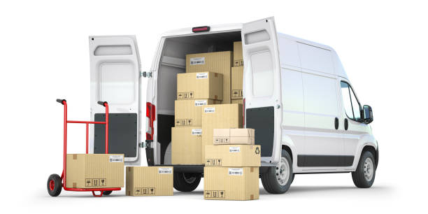 istock Delivery van with open doors and hand truck with cardboard boxes isolated on white background. 1287394744