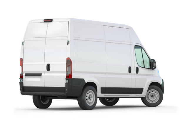 White van isolated on white. Rear view. White van isolated on white. Rear view. Delivery and carrying transportation concept. 3d illustration mini van stock pictures, royalty-free photos & images