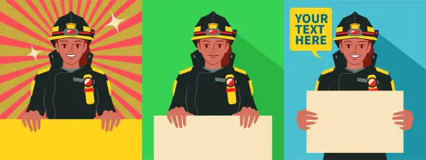 Vector illustration of Smiling beautiful young female firefighter holding a blank sign, with personal protective equipment, two facial expressions and postures