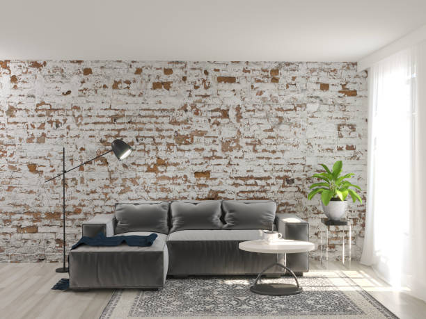 istock 3d rendering of contemporary interior with old brick wall and grey sofa 1287395285