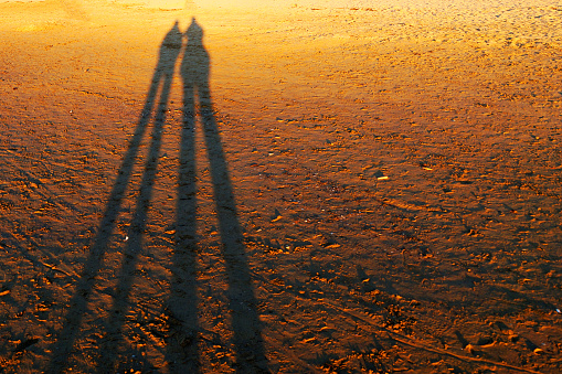 two long shadows of people on the sand at sunset.