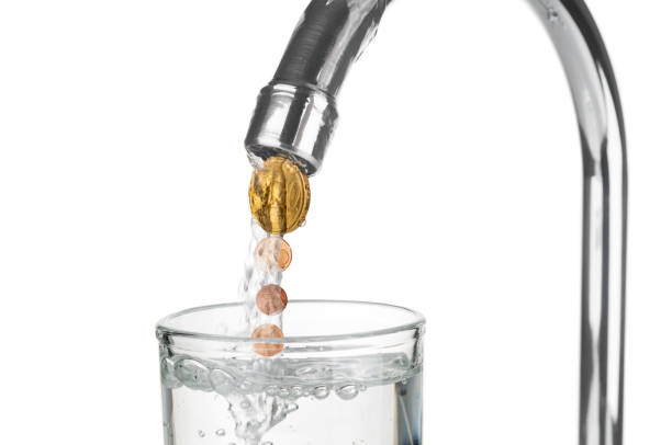 istock Euro coins flowing with water from a tap on white background 1287396425