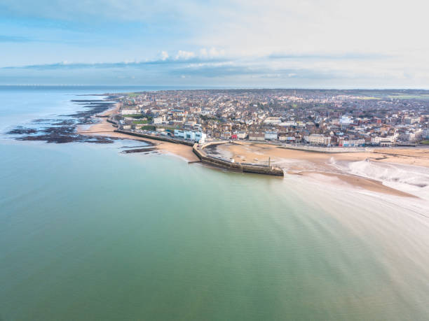 Margate Beach England Drone Aerial Shot Margate beach England aerial shot at sunrise isle of thanet photos stock pictures, royalty-free photos & images