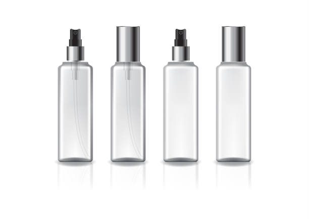 istock Clear and white square cosmetic bottle with silver spray head and lid. 1287397624