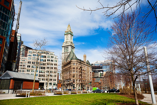 View of Rose Kennedy Greenway and central street buildings of Boston downtown