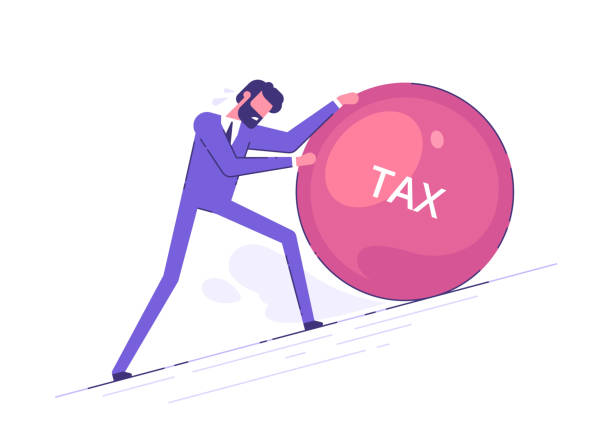 ilustrações de stock, clip art, desenhos animados e ícones de tired businessman pushing a boulder uphill with the inscription taxes. the tax burden tax time and taxpayer finance concept. modern vector illustration. - tax poverty men currency