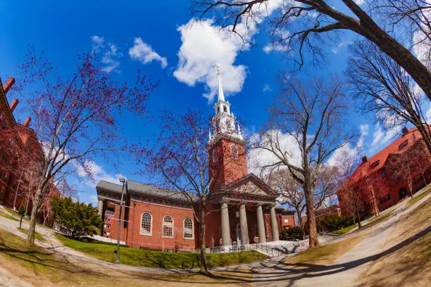 Tercentenary Theatre park and Memorial Church in Cambridge near Boston Massachusetts, USA