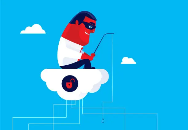 Vector illustration of businessman hacker phishing with unlocked cloud computing