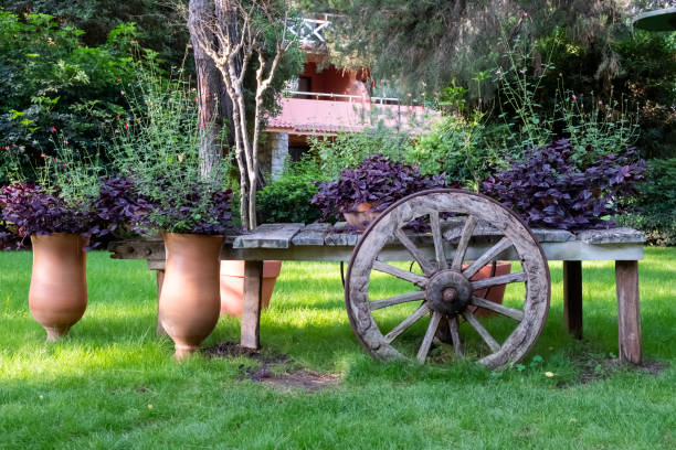 istock Old wooden wagon decorated with flowers on pots. 1287399351