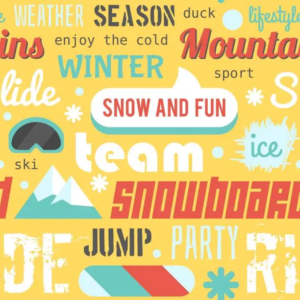 Vector illustration of Seamless vector pattern with snowboarding stuff and words, dark version. Flat style: seamless pattern on snowboarding and skiing theme. Snowboarding template for design. Snowboarding seamless pattern