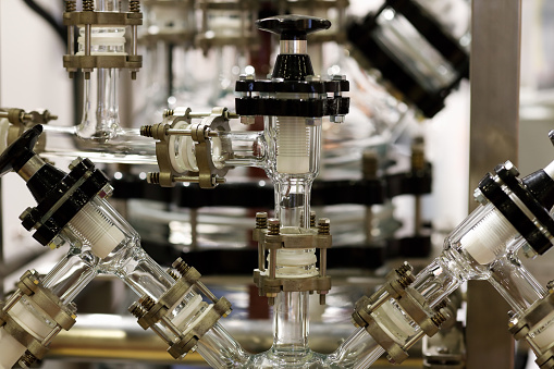 Chemical jacketed glass reactor equipment. Selective focus.