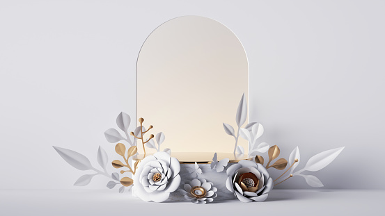 3d render, white background with round arch and empty marble pedestal decorated with paper flowers. Blank showcase with floral stage for product presentation
