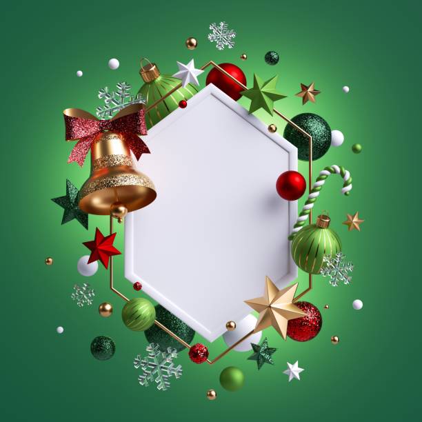 istock 3d render, Christmas greeting card mockup. Hexagonal blank frame isolated on green background. Golden bell with red bow. Xmas ornaments, glass balls, snowflakes and candy cane 1287404380