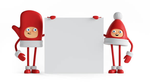 istock 3d render, funny christmas characters holding white square card, blank banner mockup. Festive clip art isolated on white background 1287404568