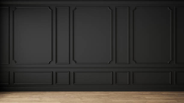 moderno classico interno nero vuoto con pannelli murali e pavimento in legno. modello di illustrazione di rendering 3d. - stile vittoriano foto e immagini stock