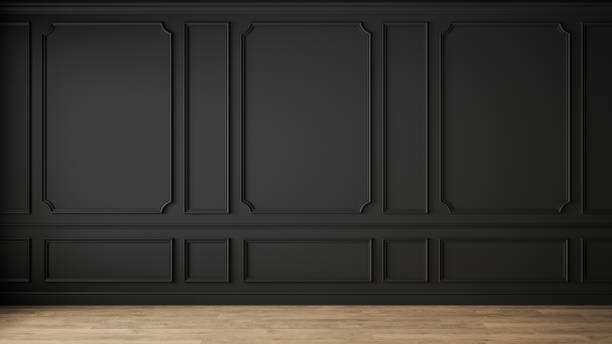 現代經典黑色空室內，牆板和木地板。3d 渲染插圖類比。 - 維多利亞女王時代風格 個照片及圖片檔