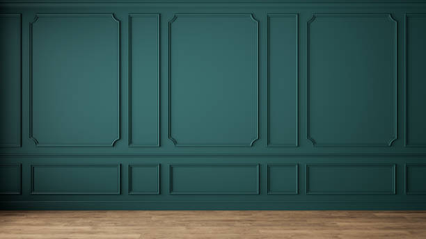 istock Modern classic green empty interior with wall panels and wooden floor. 3d render illustration mock up. 1287405175