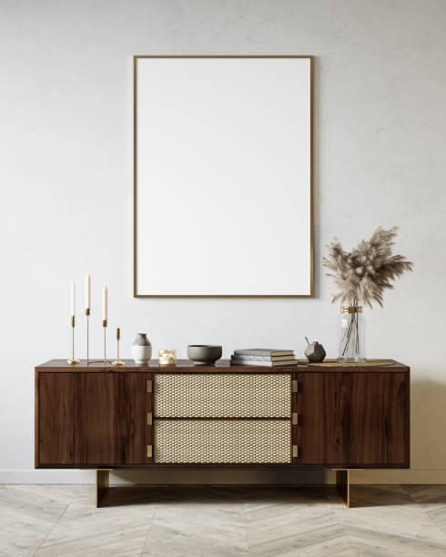 Modern interior with dresser and decor. 3d render illustration background mock up.