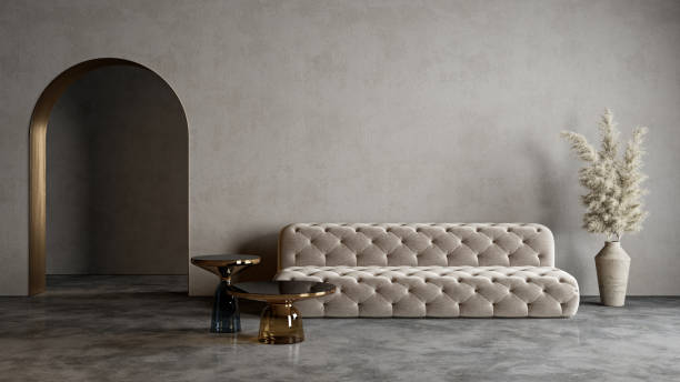 istock Modern minimalist interior with arch, concrete floor, sofa, coffe table and decor. 3d render illustration mock up. 1287405449