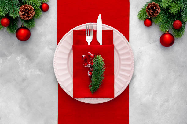 istock Table setting for new year with decorations and champagne   background top view 1287406302