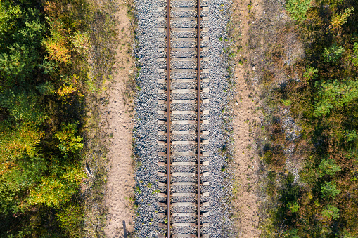 Railway through autumn forest. Aerial view from drone