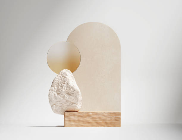 Social media or online shop banner for product presentation pantalla de podio de madera 3d sobre fondo blanco. arco art déco de color beige pastel. cosmética, promoción de productos de belleza de madera, pedestal de roca. escaparate de piedra natural y cristal. resumen minimalista estudio 3d render