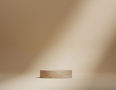 Fondo 3D, podio de pedestal de tubo de madera en el fondo beige pastel de sombra natural. Pantalla de madera de cosméticos de belleza para promoción de productos o texto. Nude Studio Minimal muestra el anuncio de renderizado 3D. photo