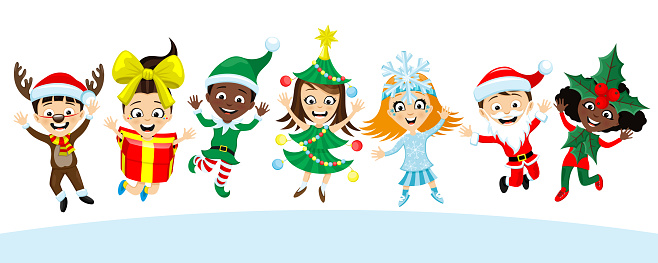 Happy kids in Christmas costumes on white background.