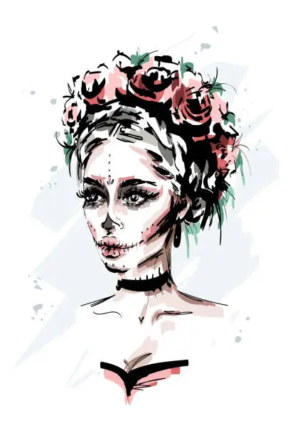 Vector illustration of Hand drawn beautiful young woman with santa muerte makeup. Stylish halloween look.