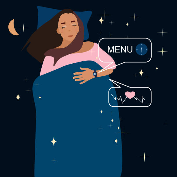 Woman lying on bed with sleeping tracker on her hand illustration.Device control quality of dream during night. Electronic smart watch app.Healthcare and melatonin. Linear phase diagram of heartbeat. fitness tracker illustration stock illustrations