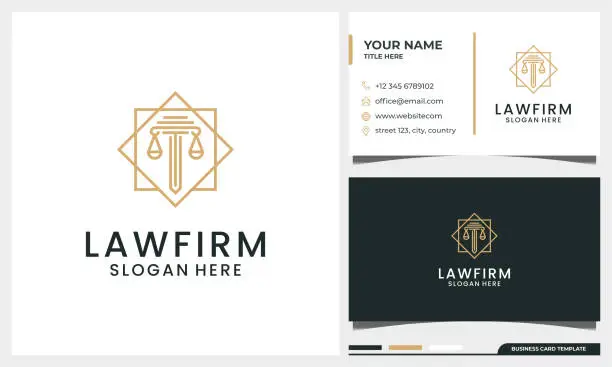 Vector illustration of Elegant Law firm, attorney, pillar logo design with line art style and business card template
