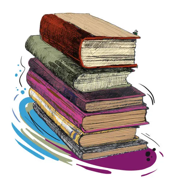 Vector illustration of ink, pen. sketch - a stack of old books