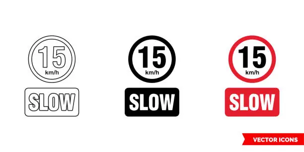 Vector illustration of Slow 15 Km-h prohibitory sign icon of 3 types color, black and white, outline. Isolated vector sign symbol